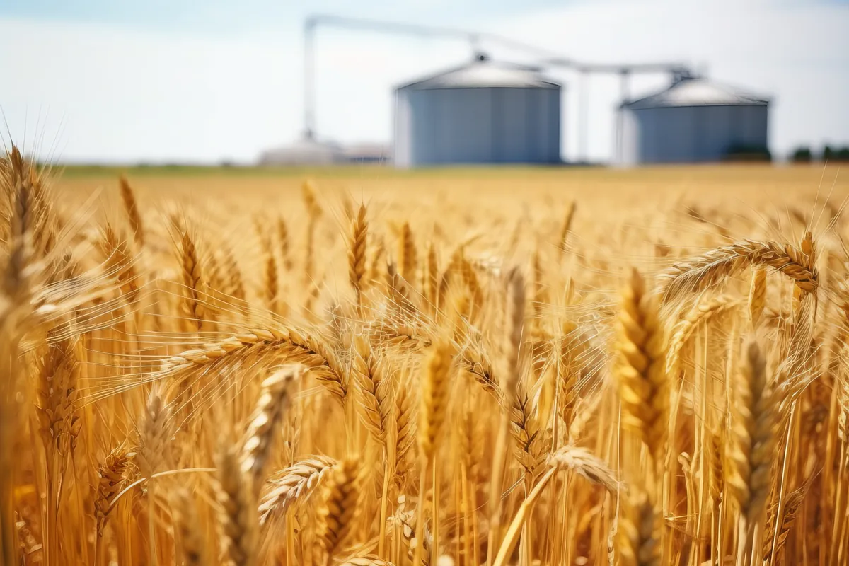 Épis de blé mûrs devant des silos de stockage