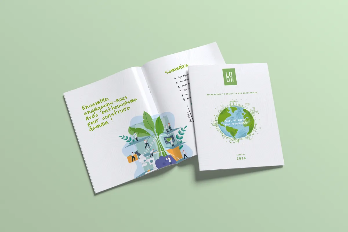 Maquette du rapport RSE 2026 de LODIGROUP, couverture et pages intérieures